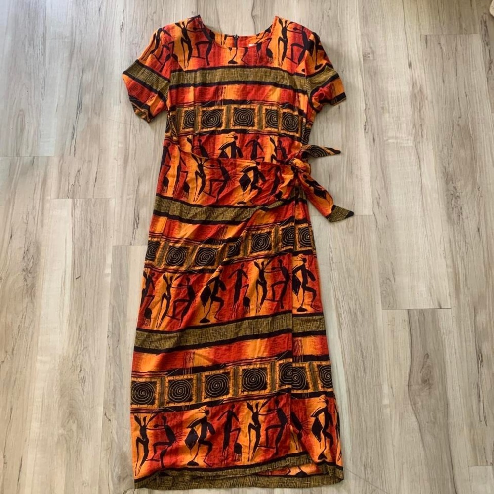 Vintage 1990s African tribal print maxi dress with tie waist, sholder pads sz 12